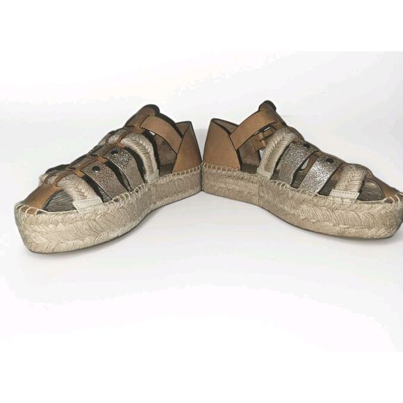 EUC TORY BURCH Fisherman Platform Espadrille Sandals Ivory Tan Leather Wedge 6.5 - Picture 6 of 12